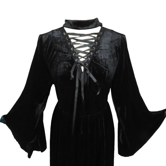 Torrid Black Stretch Velvet Flare Sleeve Lace Up Witchy Goth Midi Dress Plus 1X - Picture 5 of 10